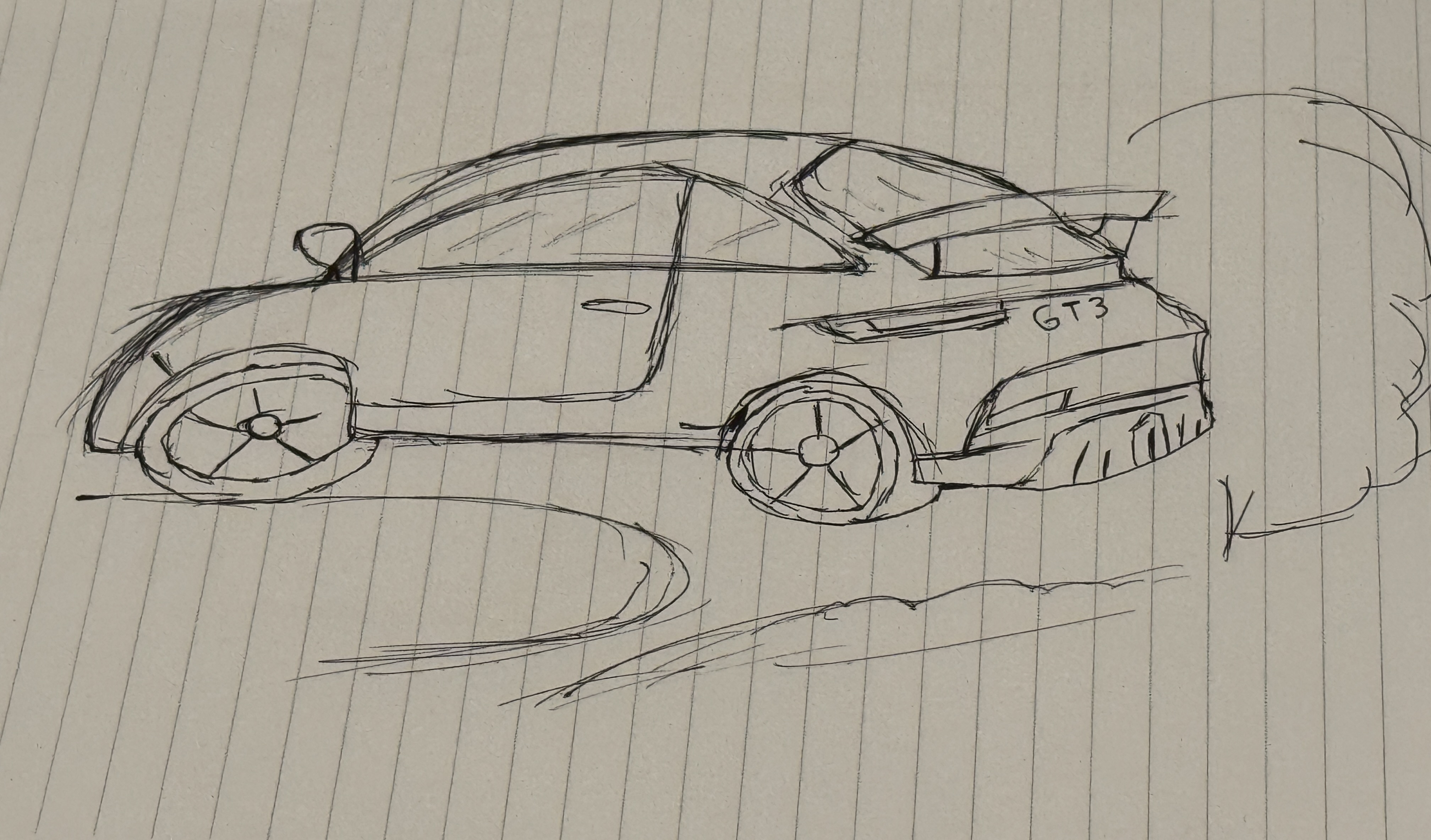 Ton dessin original d’une voiture GT3 avec une carrosserie arrondie et un grand aileron arrière